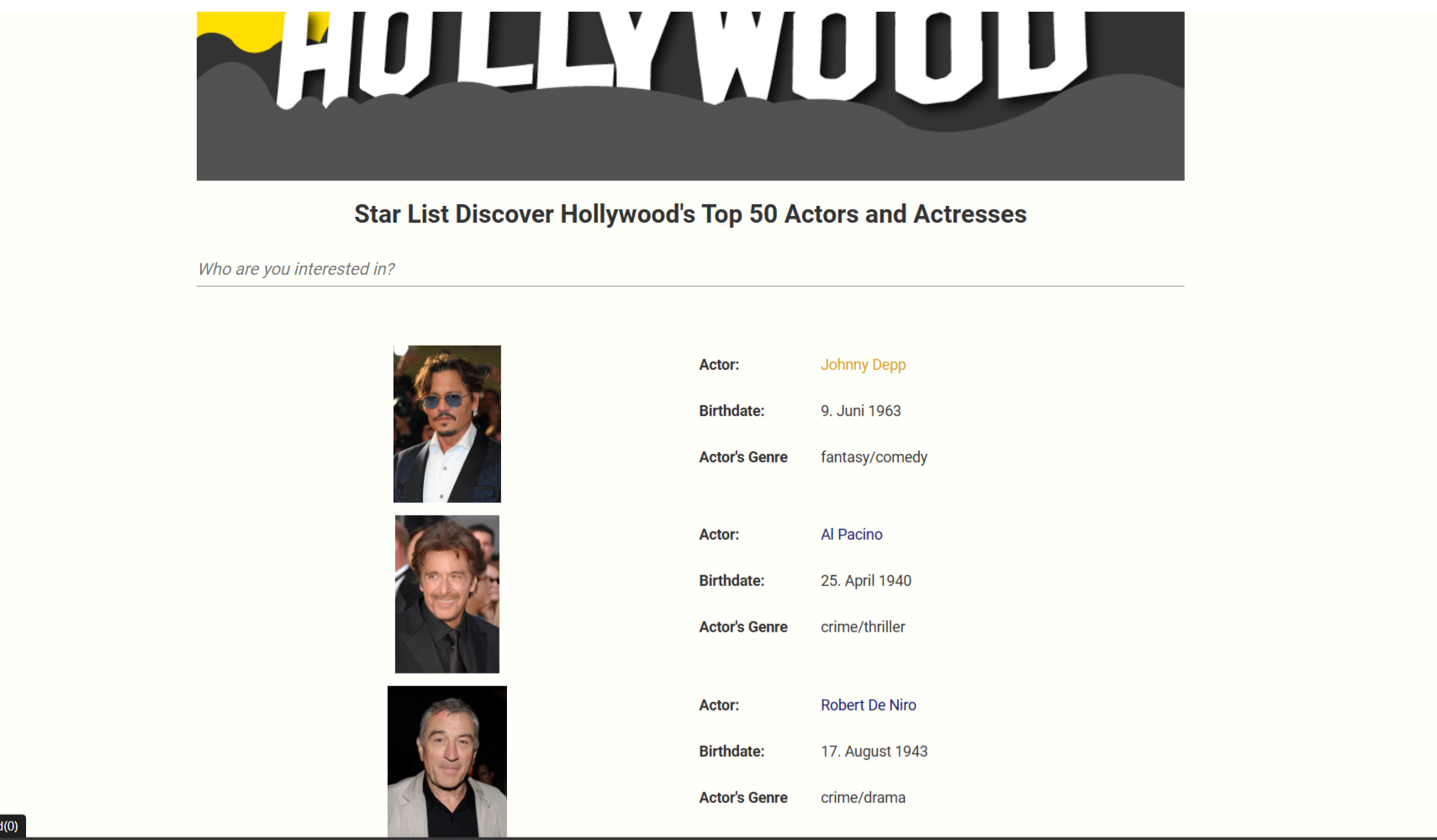 Hollywood Hub App Homepage